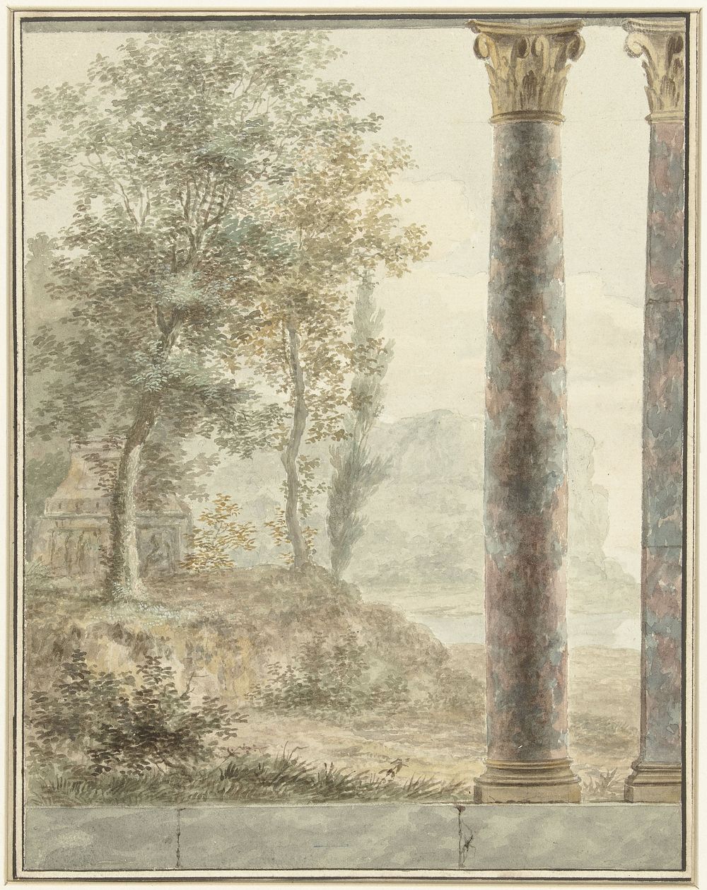 Ontwerp voor kamerbeschildering met landschap met fragment van antiek bouwwerk (1700 - 1800) by anonymous and Josephus…