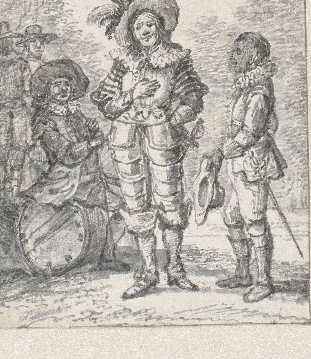 Ontwerp voor illustratie toneelgroep: twee staande figuren en een zittende figuur (1739 - 1782) by Paulus Constantijn la…