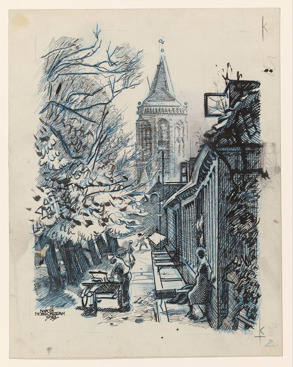 Straatje met gezicht op de St. Nicolaaskerk te Monnickendam (1938) by Martin Monnickendam