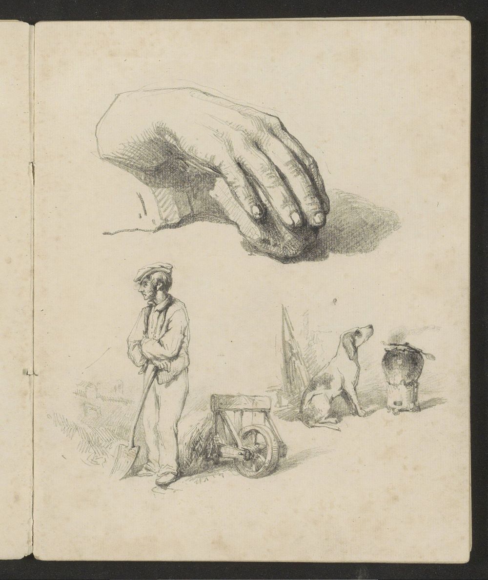Rechterhand, een boer leunend op een schep en een zittende hond (1834 - 1906) by Maria Vos