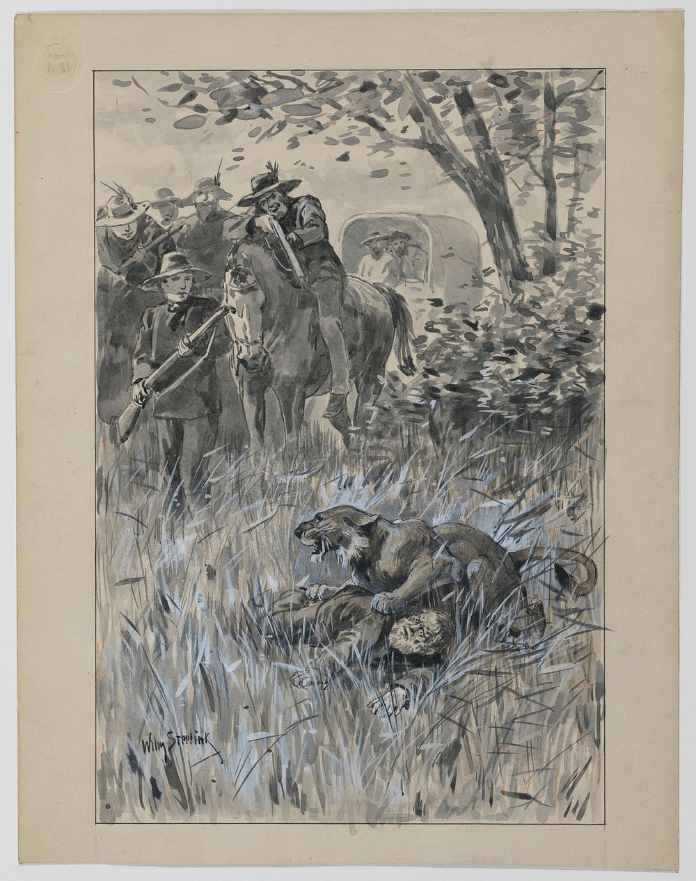 Opgejaagde leeuw valt een man aan (1836 - 1913) by Willem Steelink I