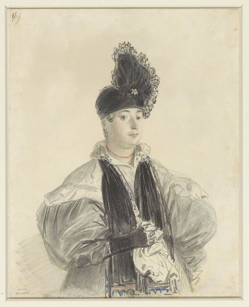 Portret van een staande dame met zwarte shawl en zwarte hoed (1814 - 1860) by Denis Auguste Marie Raffet