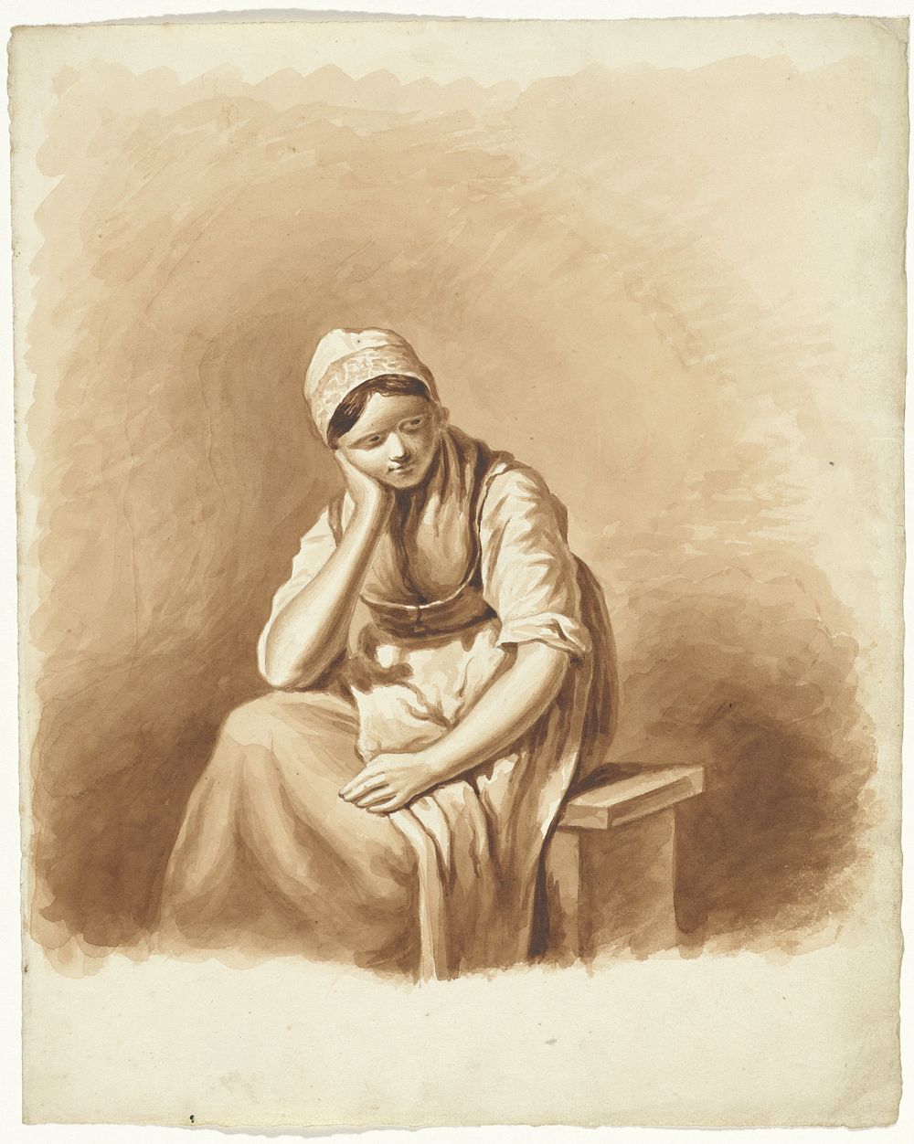 Vrouw zittend op een bankje (1811 - 1873) by Pieter van Loon