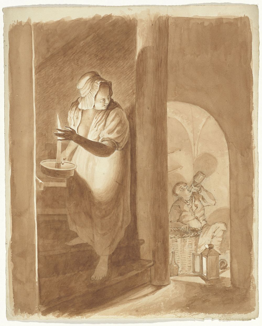 Vrouw die een drinkende man bespiedt (1811 - 1873) by Pieter van Loon