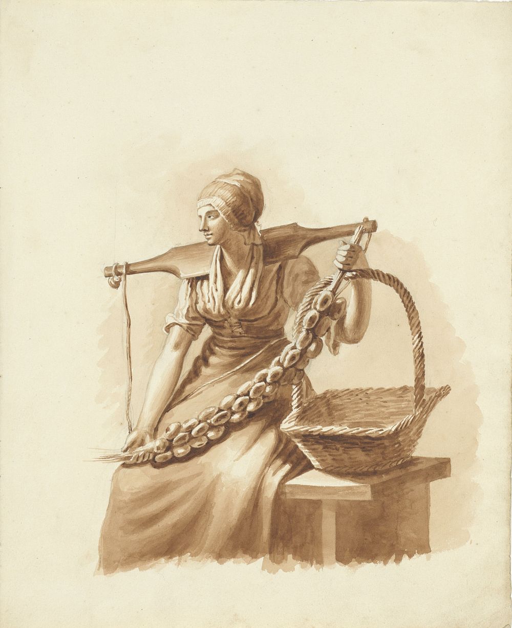 Zittende vrouw met een juk en een mand (1811 - 1873) by Pieter van Loon