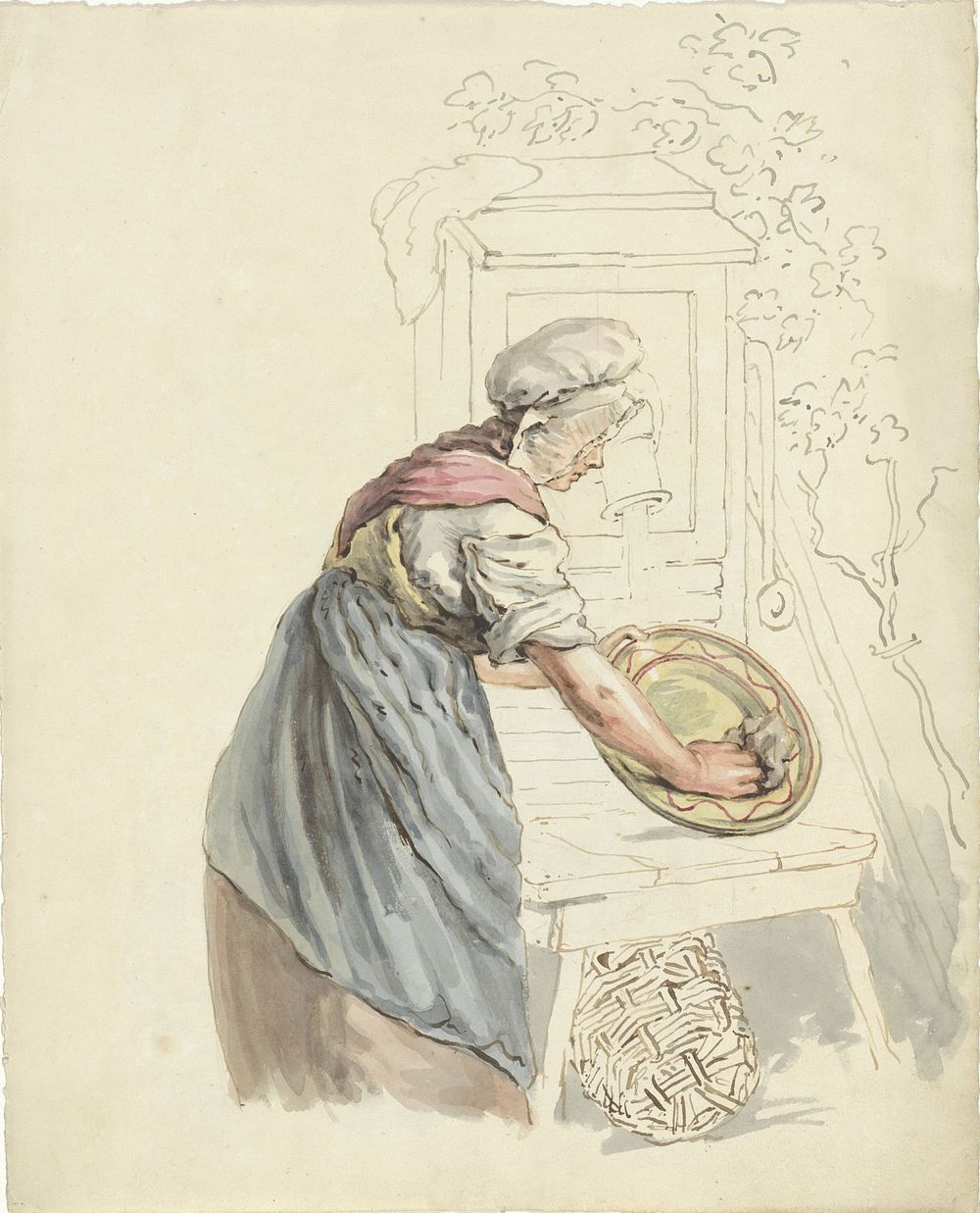 Dienstmeid die bij een waterpomp een schaal afwast (1811 - 1873) by Pieter van Loon