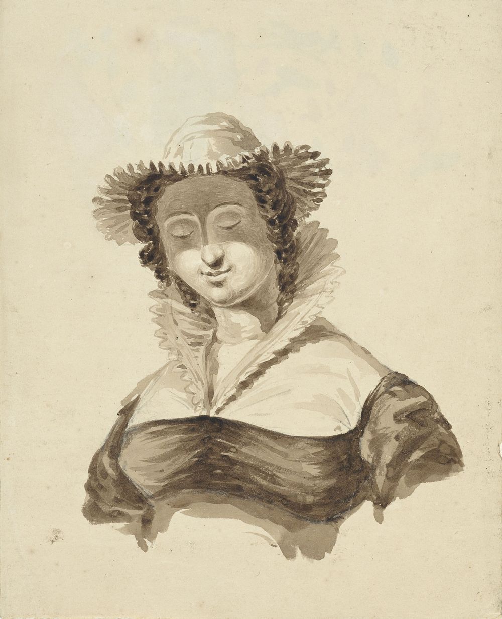 Buste van een vrouw met hoed en opstaande kraag (1811 - 1873) by Pieter van Loon