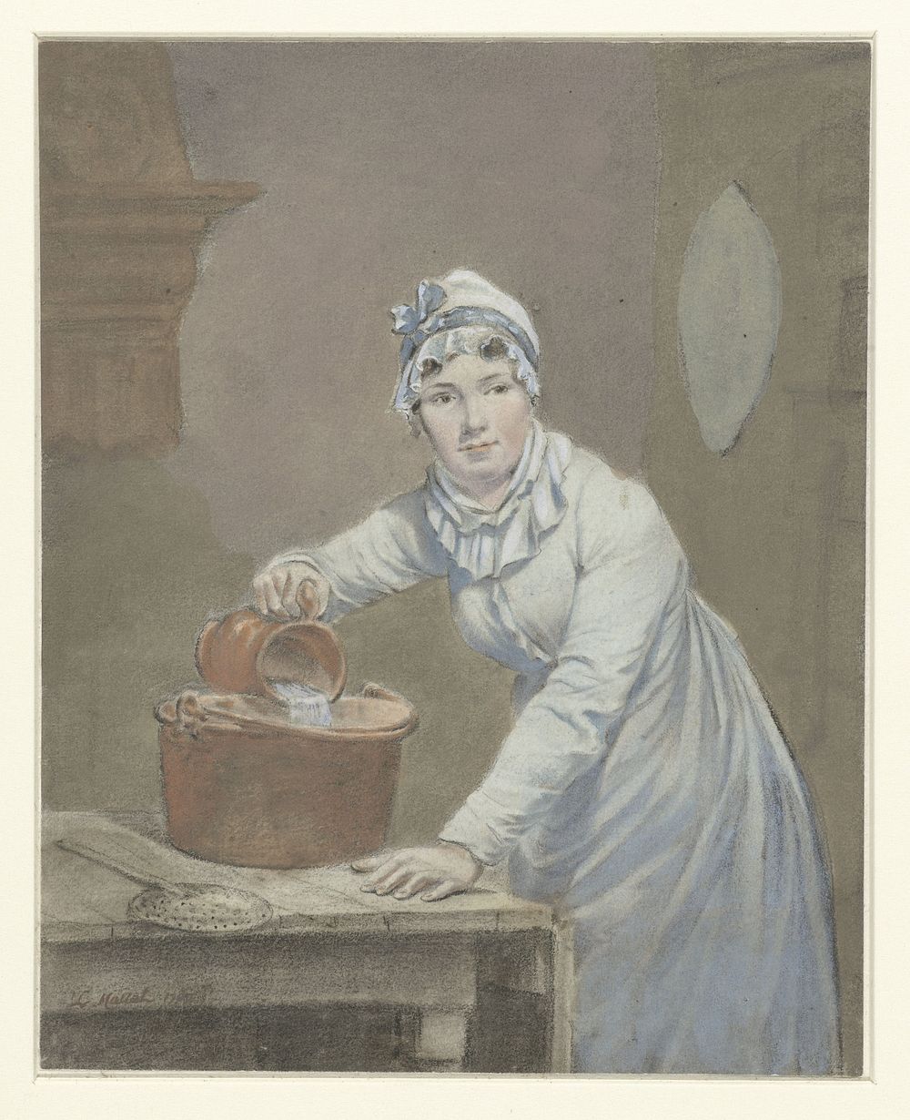 Dienstmeisje giet melk in een pan (1799) by Jean Baptiste Mallet