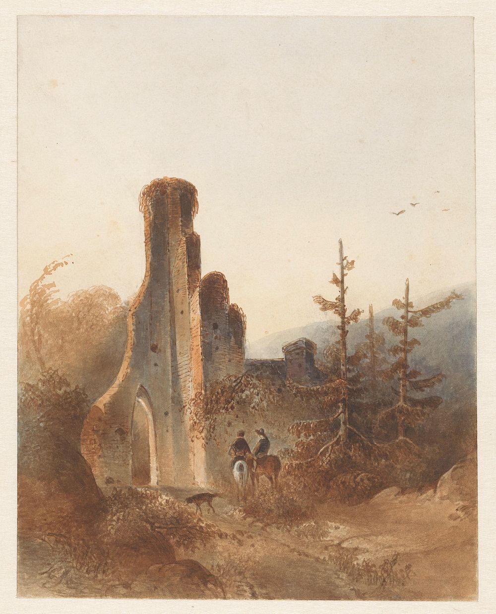 Landschap met twee ruiters bij een ruïne (c. 1800 - c. 1900) by anonymous and David Pièrre Giottino Humbert de Superville