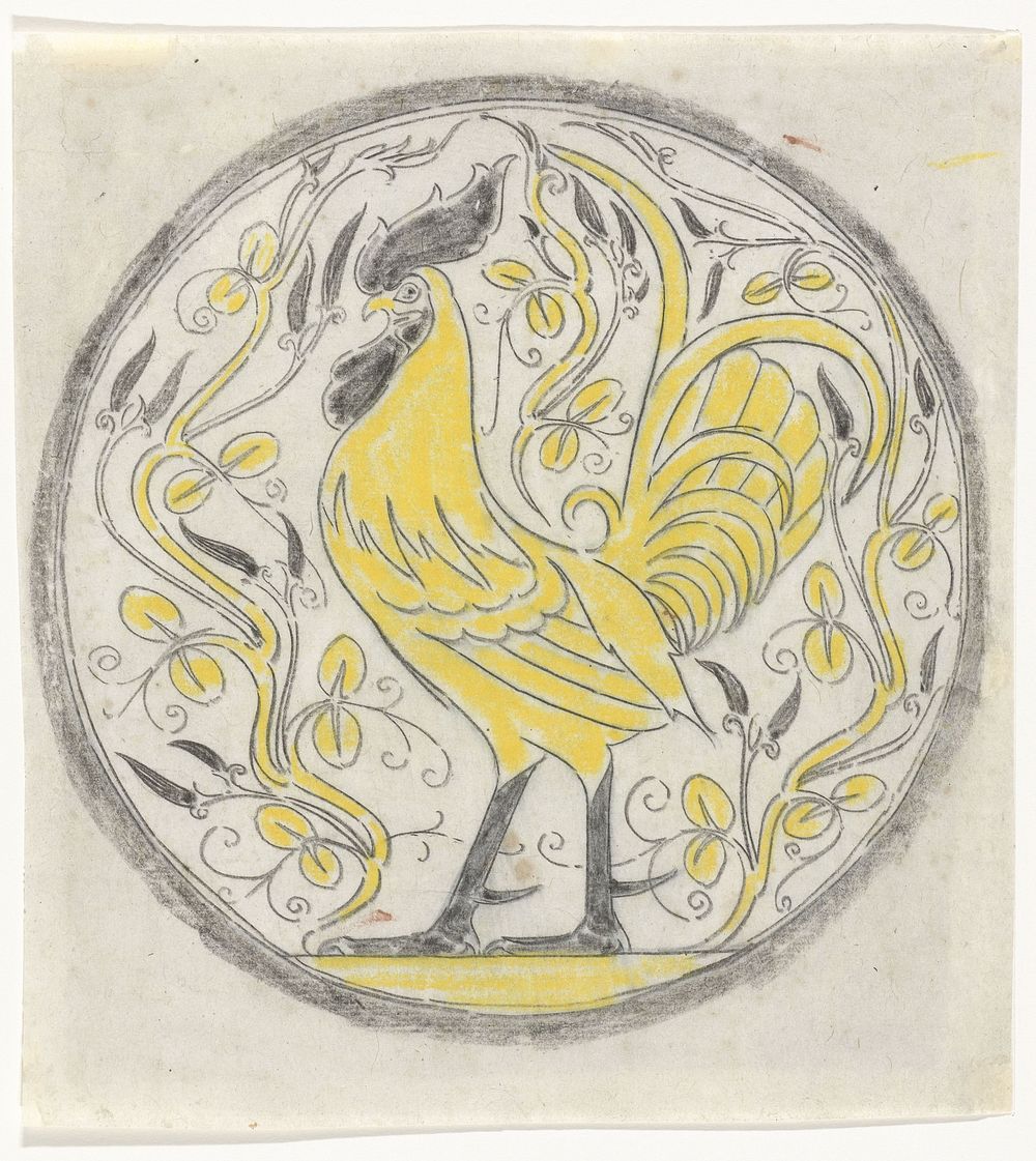 Decoratief ontwerp met een haan in een cirkel (1876 - 1924) by Gerrit Willem Dijsselhof