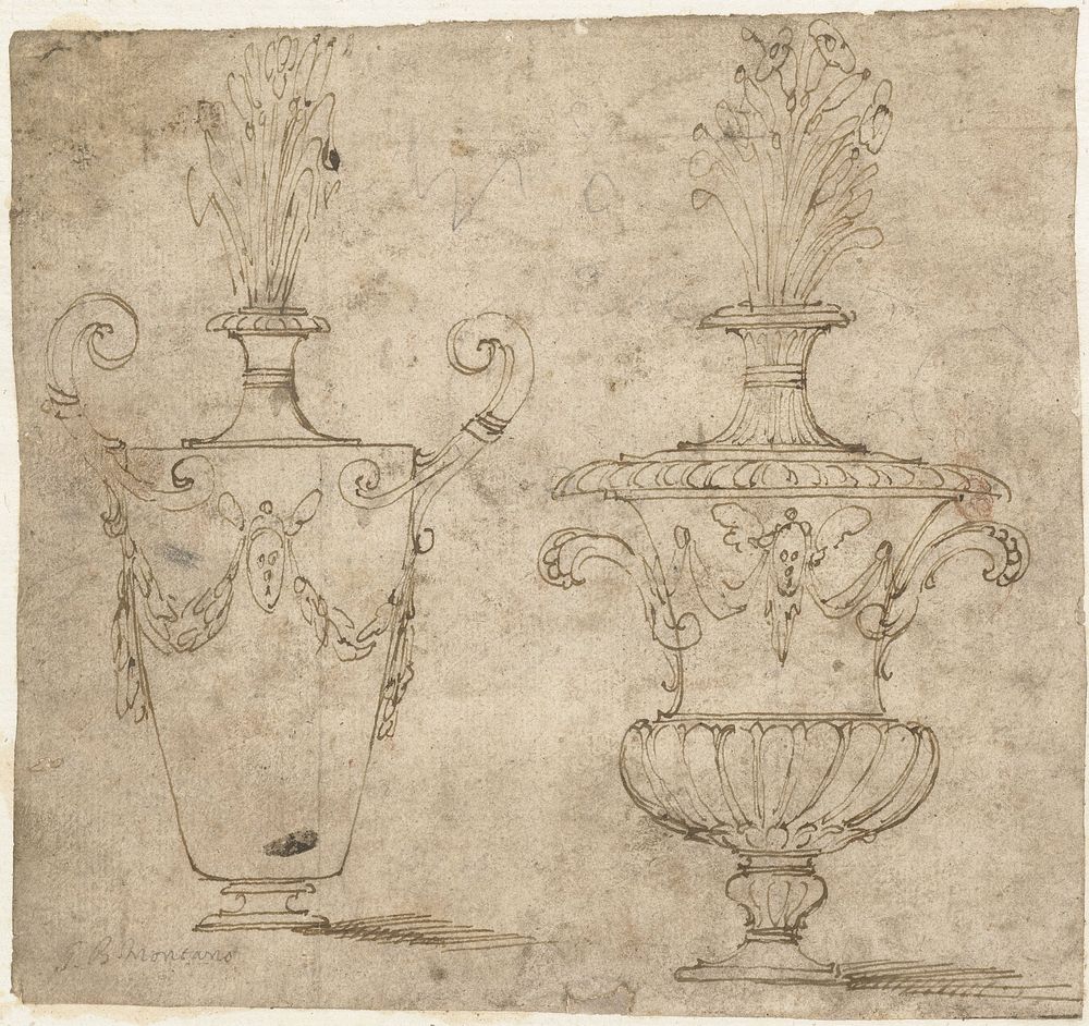 Twee schetsen van siervazen (1544 - 1621) by Giovanni Battista Montano