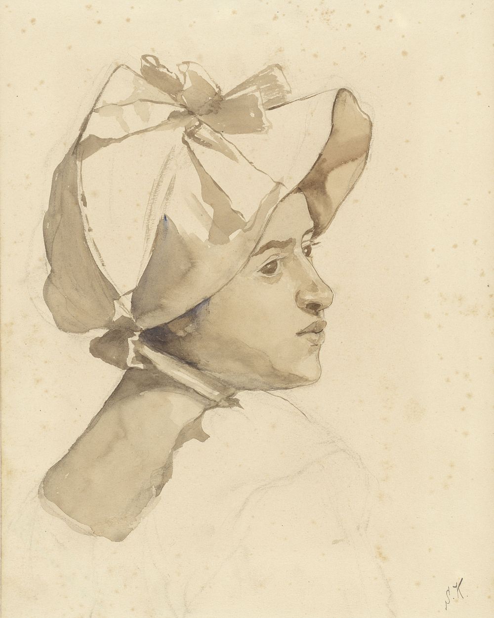 Portret van een jonge vrouw met luifelhoed met linten (1880 - 1946) by Anna Maria Kruijff