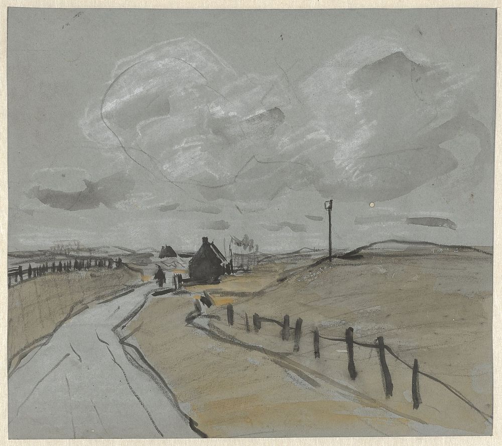 Gezicht langs een weg met hoge bermen en hekjes (1864 - 1936) by Jan van Essen