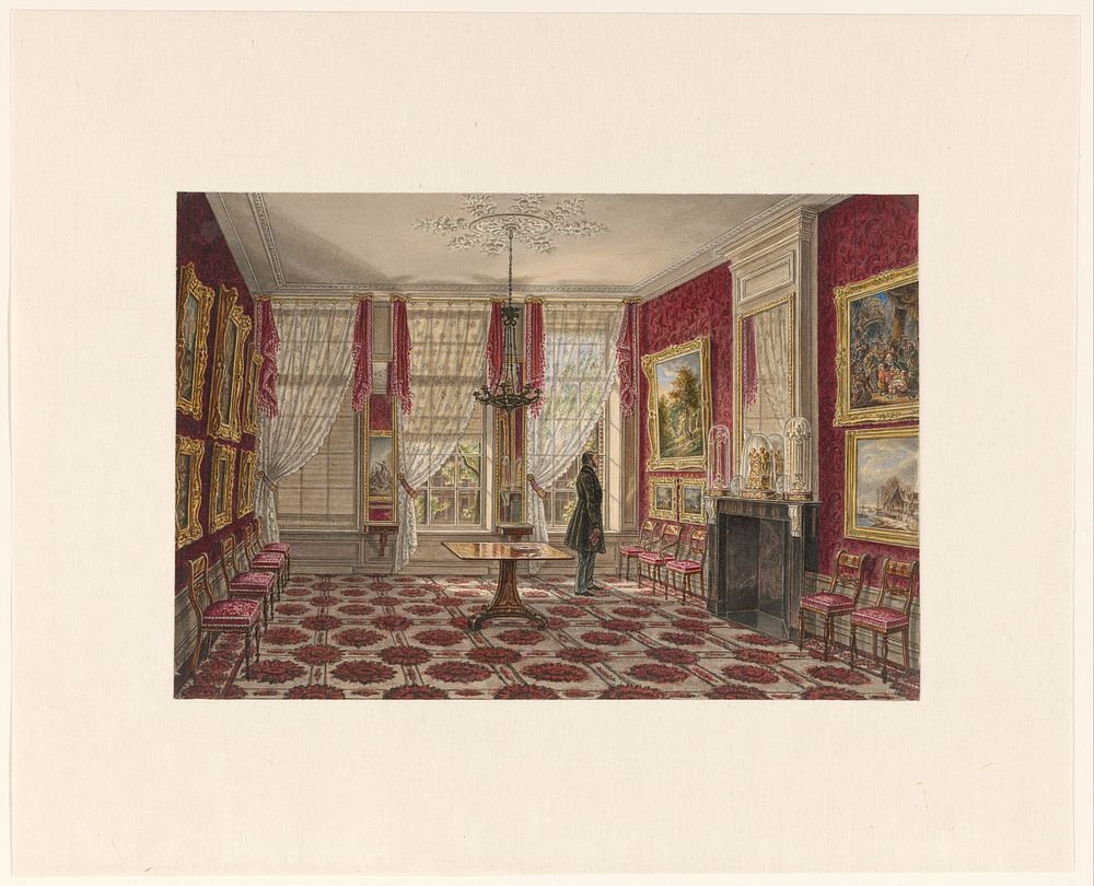 19e eeuws interieur met schilderijen en staande figuur (1842 - 1848) by Augustus Wijnantz