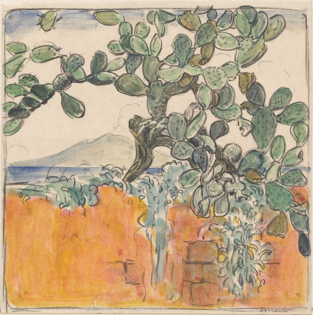Gezicht met cactus op de berg Vesuvius vanuit Sorrento (1884 - 1950) by Wijnand Otto Jan Nieuwenkamp