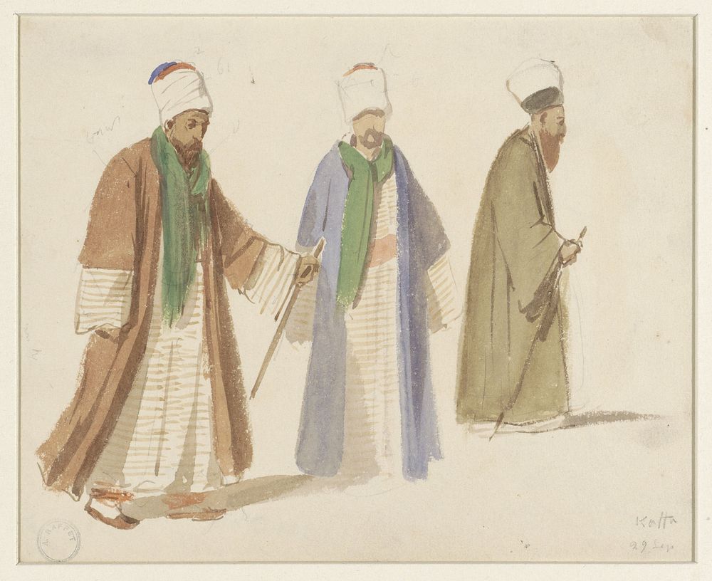 Kostuumstudies van drie derwisjen te Kaffa (1832 - 1842) by Denis Auguste Marie Raffet