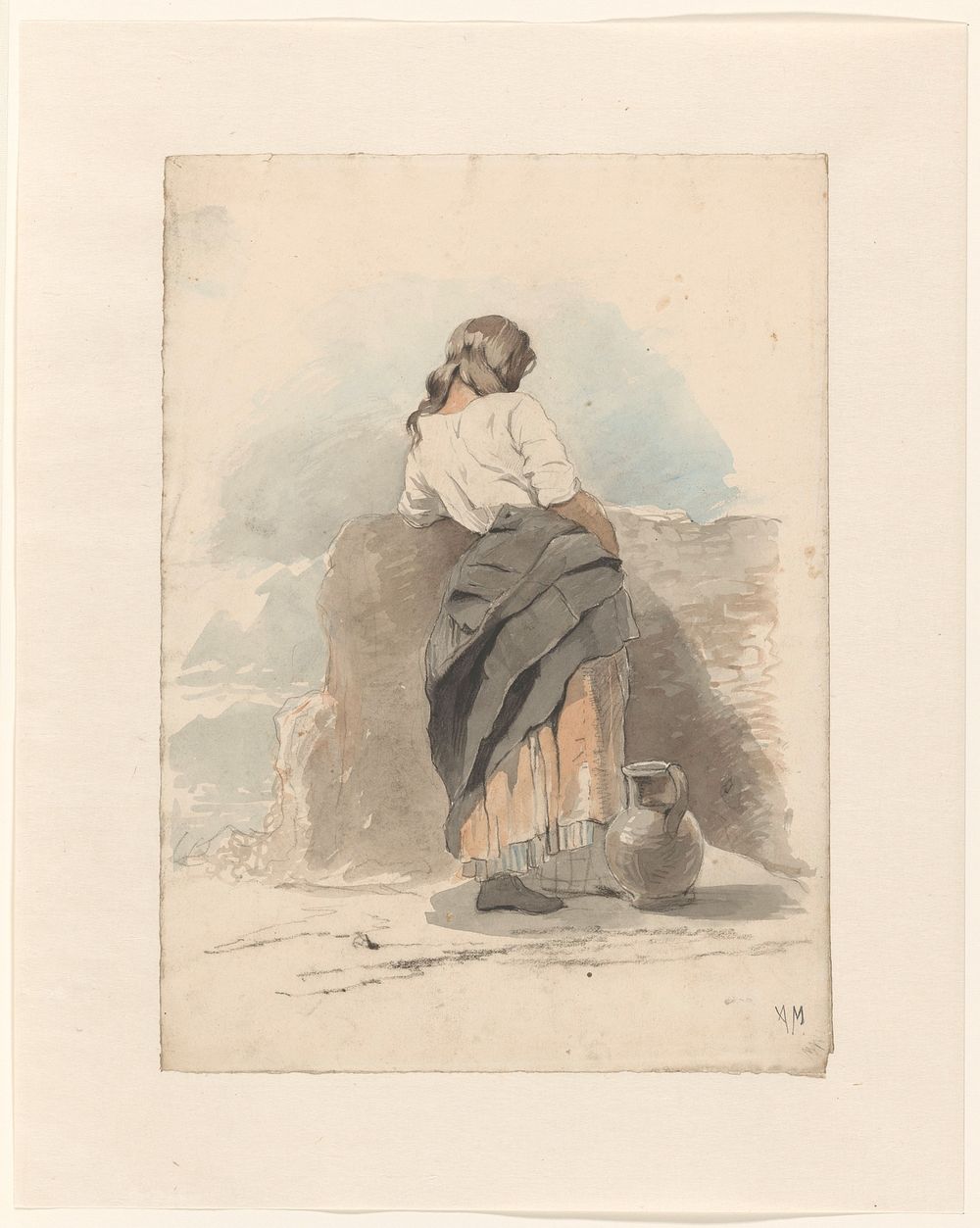 Staande jonge vrouw bij een muur, op de rug gezien (1848 - 1888) by Anton Mauve