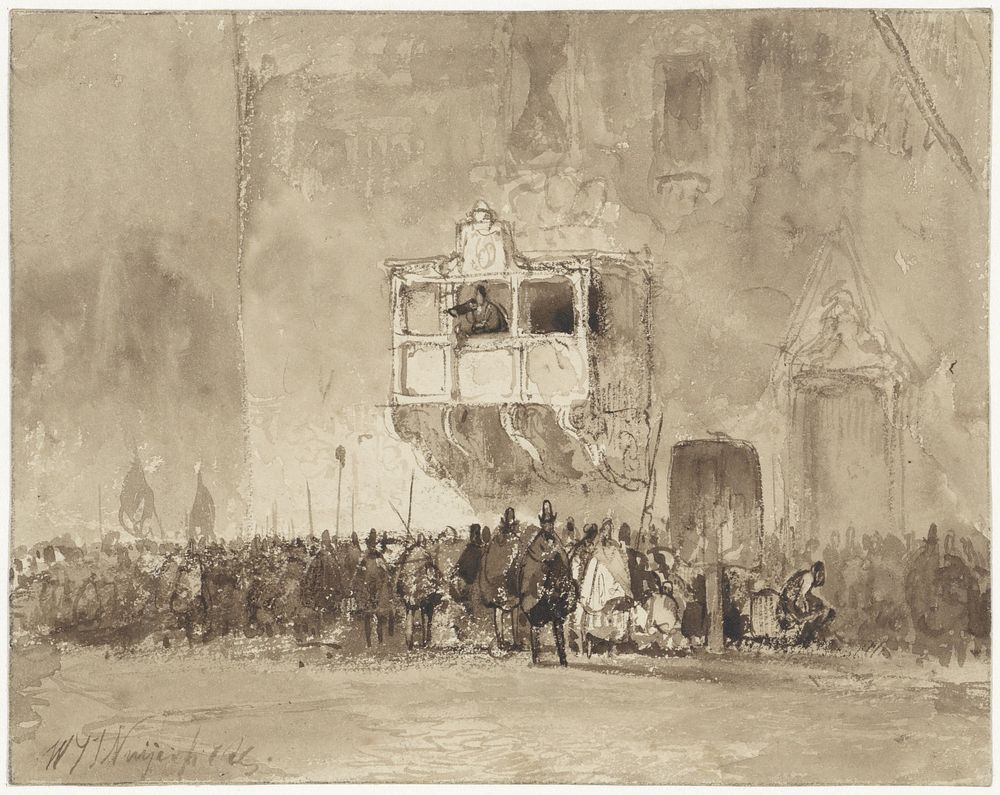 Man die een menigte toespreekt vanaf een balkon (1823 - 1839) by Wijnand Nuijen