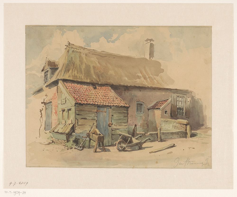 Boerenhuis met houten aanbouw, ervoor een kruiwagen en een slijpsteen (1837 - 1903) by Jan Striening