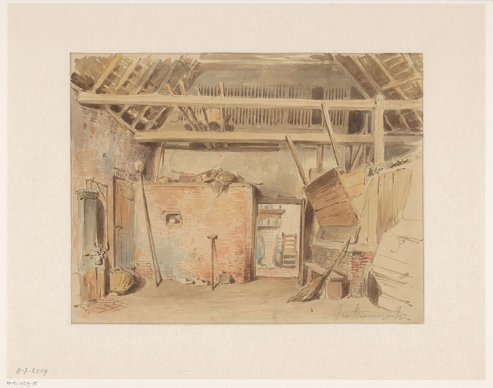 Interieur van een boerenschuur met doorkijk naar de keuken (1837 - 1903) by Jan Striening