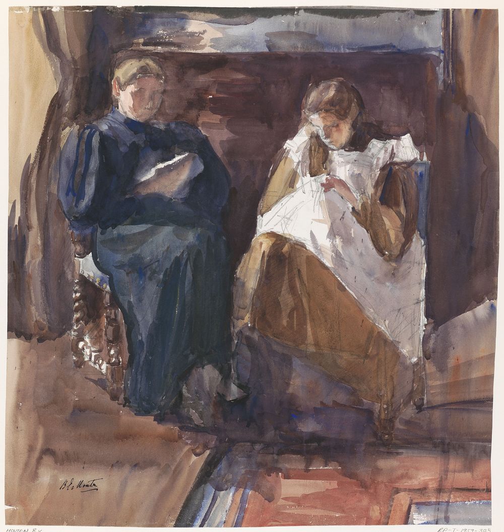 Lezende dame en bordurend meisje, van voren gezien, in het huis aan de Riouwstraat 6, te Den Haag (1872 - 1950) by Barbara…