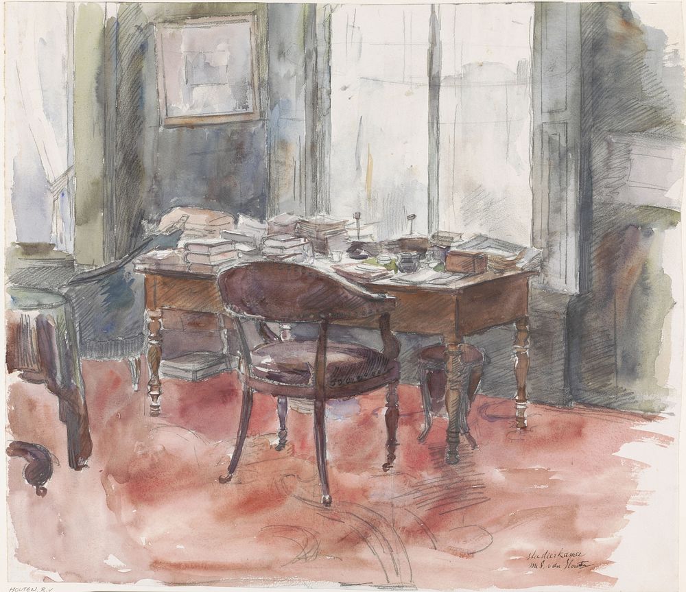 Het bureau in de studeerkamer van meneer S. van Houten, in het huis aan de Riouwstraat 6, te Den Haag (1872 - 1950) by…
