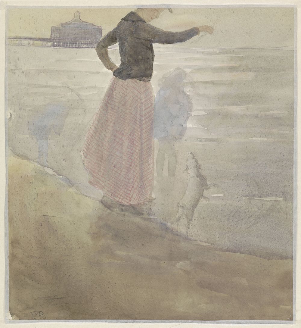 Vrouw met twee kinderen en een hondje aan het strand (1874 - 1927) by Johan Antonie de Jonge
