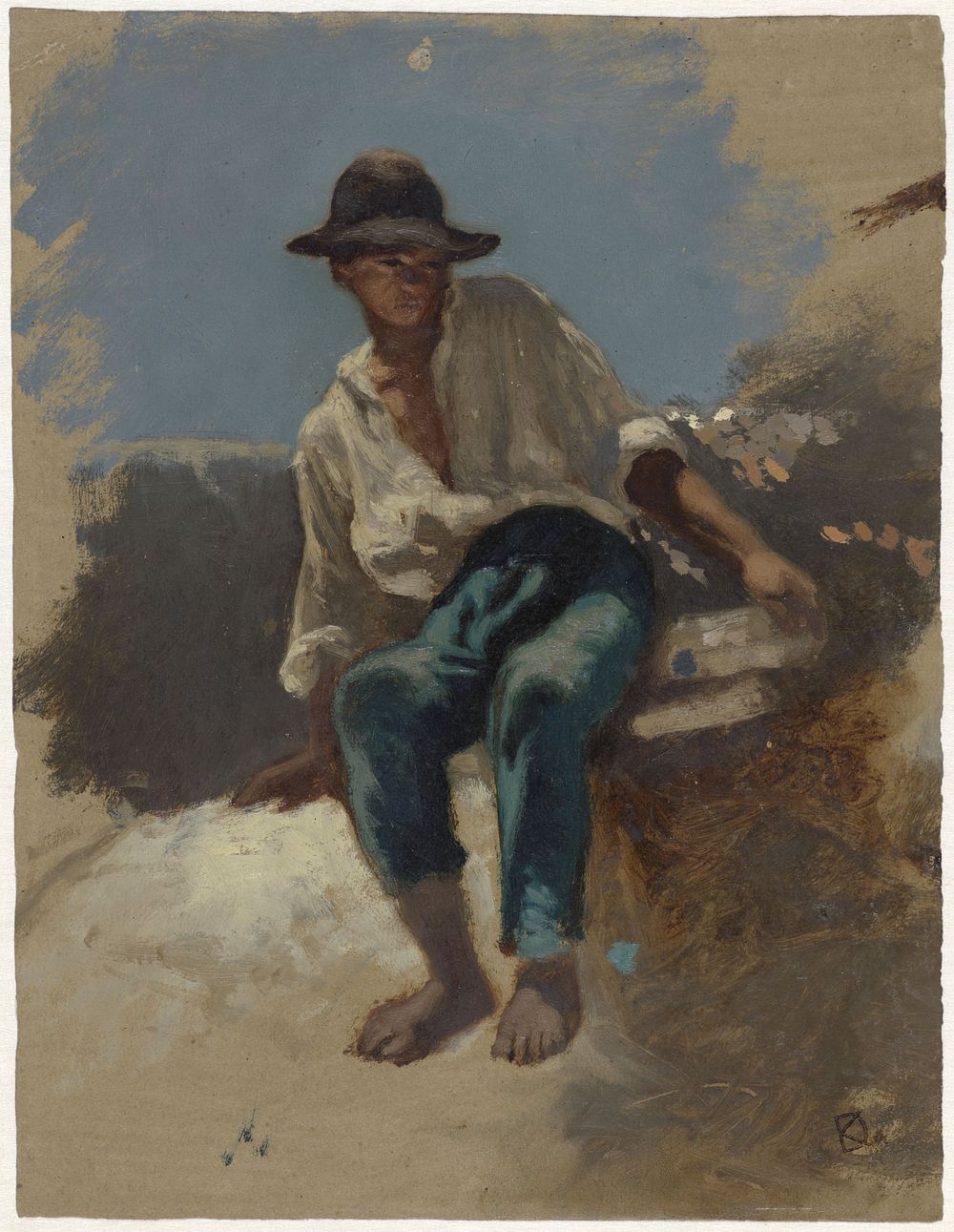 Zittende jongeman met vilten hoed op (1841 - 1857) by Johan Daniël Koelman