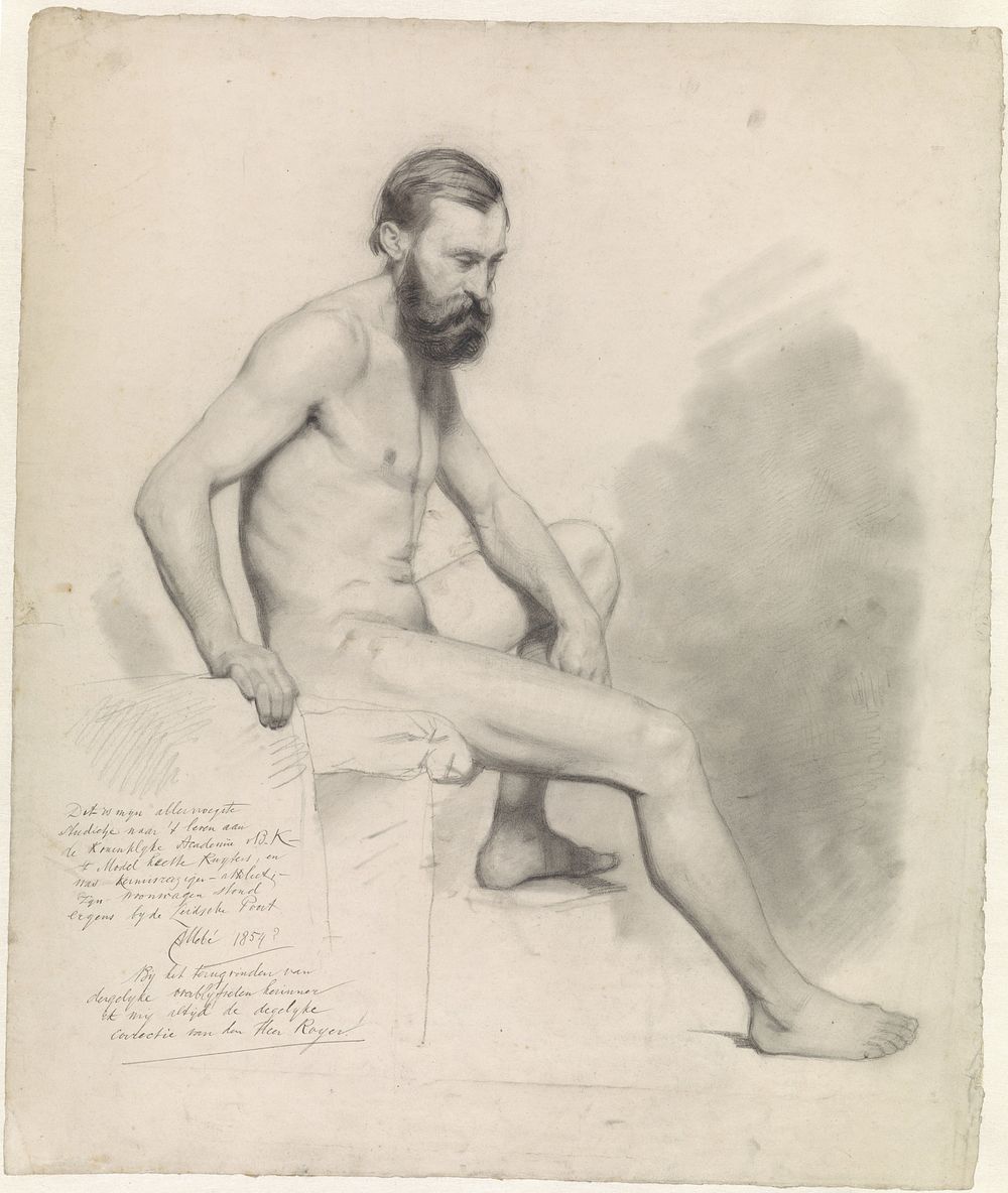 Studie van een zittend mannelijk naakt, naar rechts (1854) by August Allebé