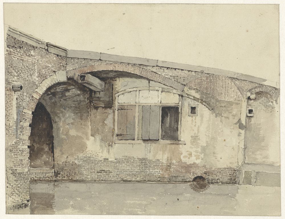 Oude brug met woning of keldersramen onder de kade (1820 - 1896) by Kasparus Karsen
