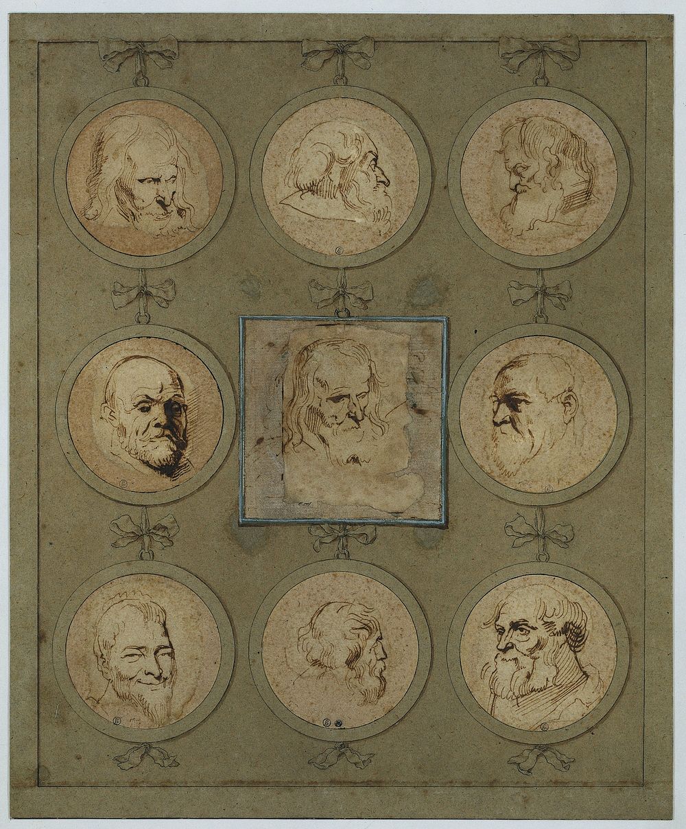 Verzamelblad met negen studiekoppen in medaillons (1610 - 1641) by Anthony van Dyck
