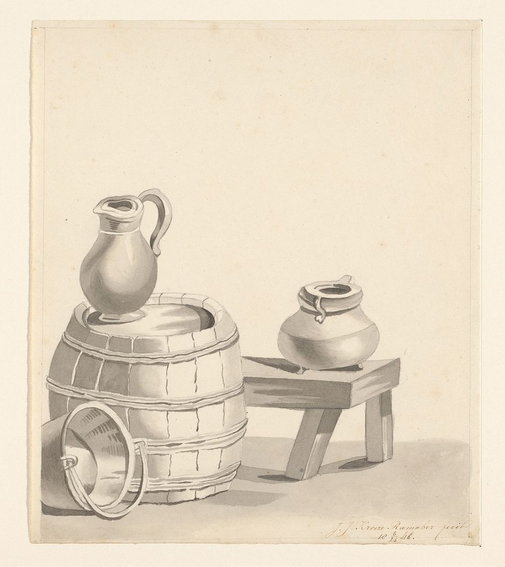 Stilleven met ton en kruiken (1846) by J J Ramaker