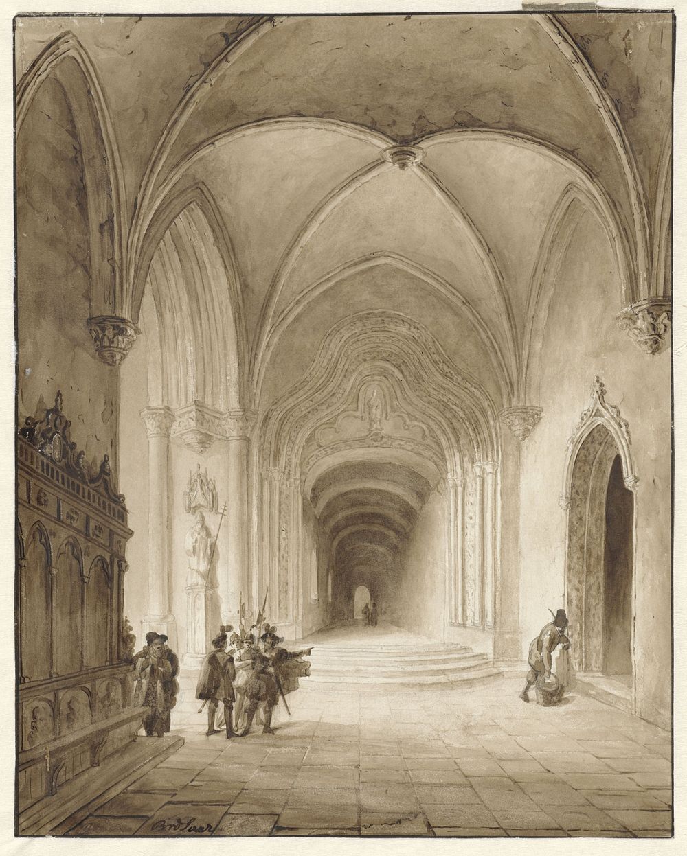 Kerkinterieur met krijgslieden bij de ingang (1814 - 1872) by Bernard van de Laar