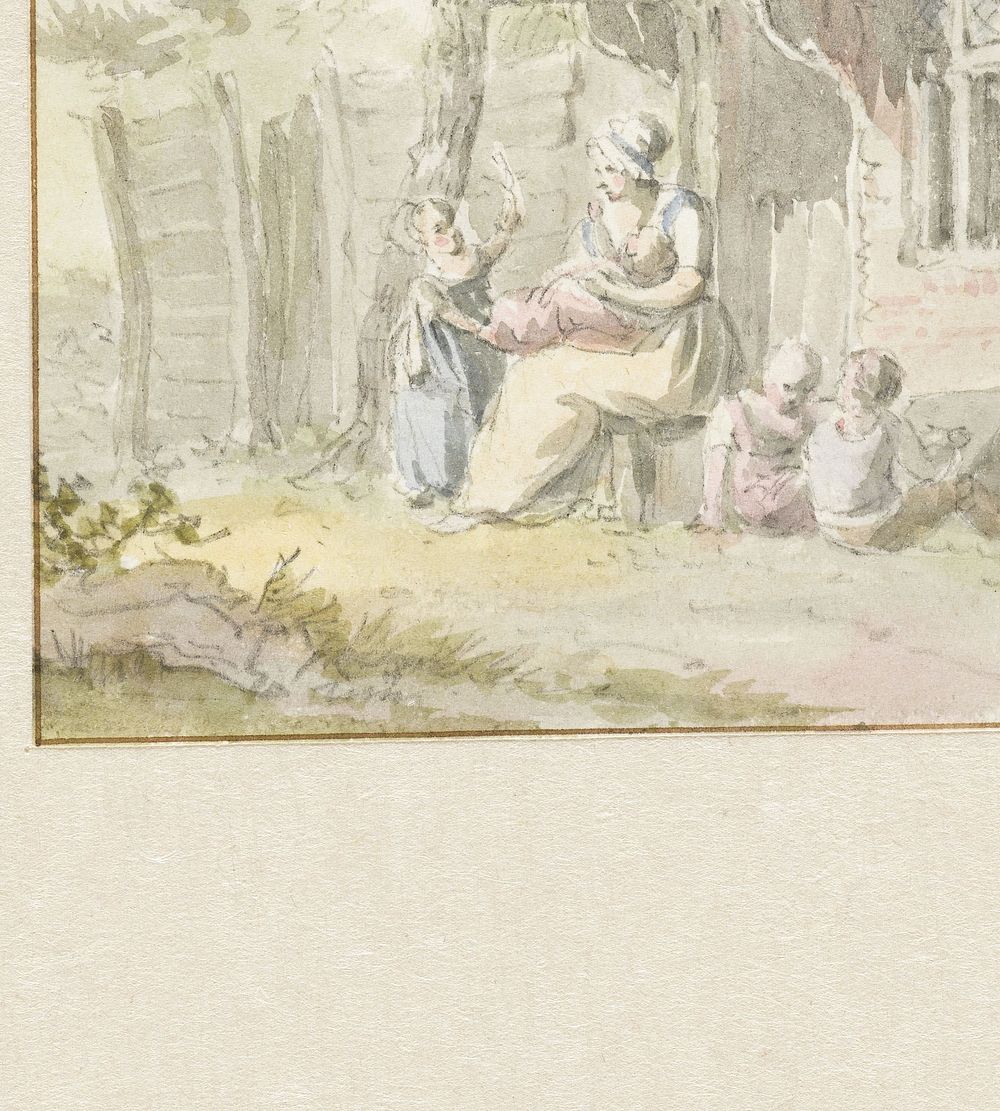 Moeder met kinderen zittend voor huis (1782 - 1837) by Pieter Bartholomeusz Barbiers