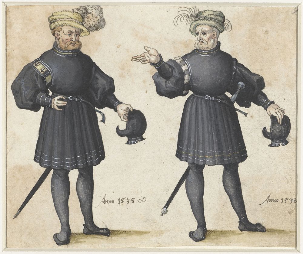 Twee hofdienaren in zwarte kleding (c. 1530 - c. 1560) by anonymous