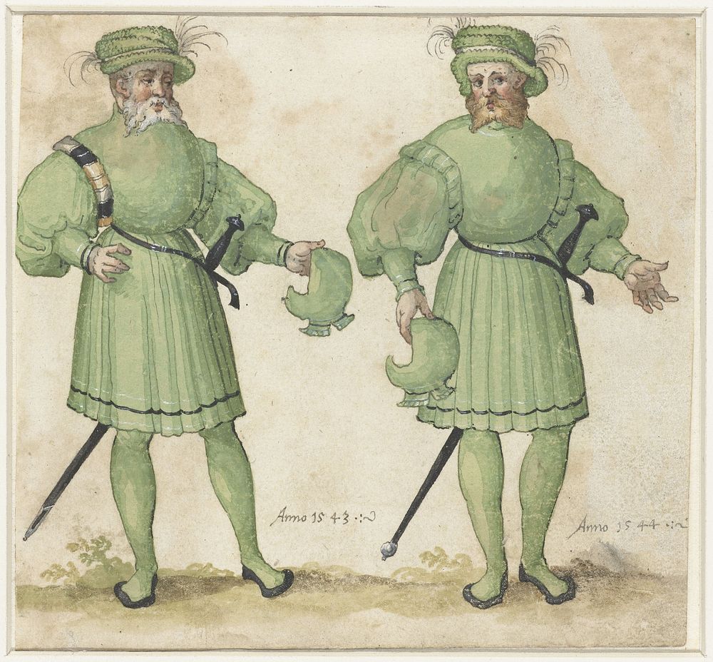 Twee hofdienaren in lichtgroene kleding (c. 1530 - c. 1560) by anonymous