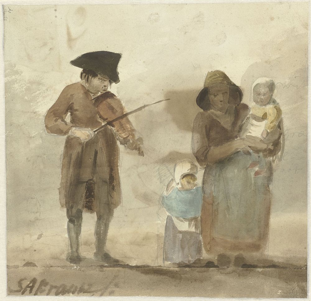 Straatmuzikant met vrouw en kinderen (1770 - 1825) by Simon Andreas Krausz