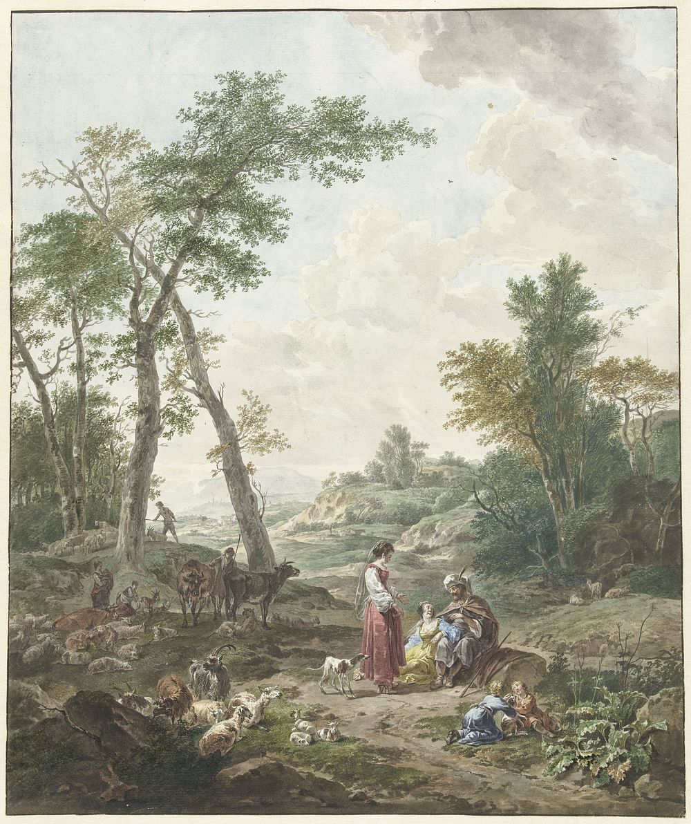Jacob zich onderhoudende met Rachel en Lea (1777) by Wybrand Hendriks and Nicolaes Pietersz Berchem