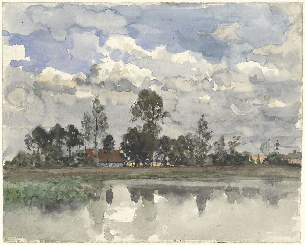 Bomen zich spiegelend in het water bij een bewolkte lucht (1845 - 1925) by Julius Jacobus van de Sande Bakhuyzen