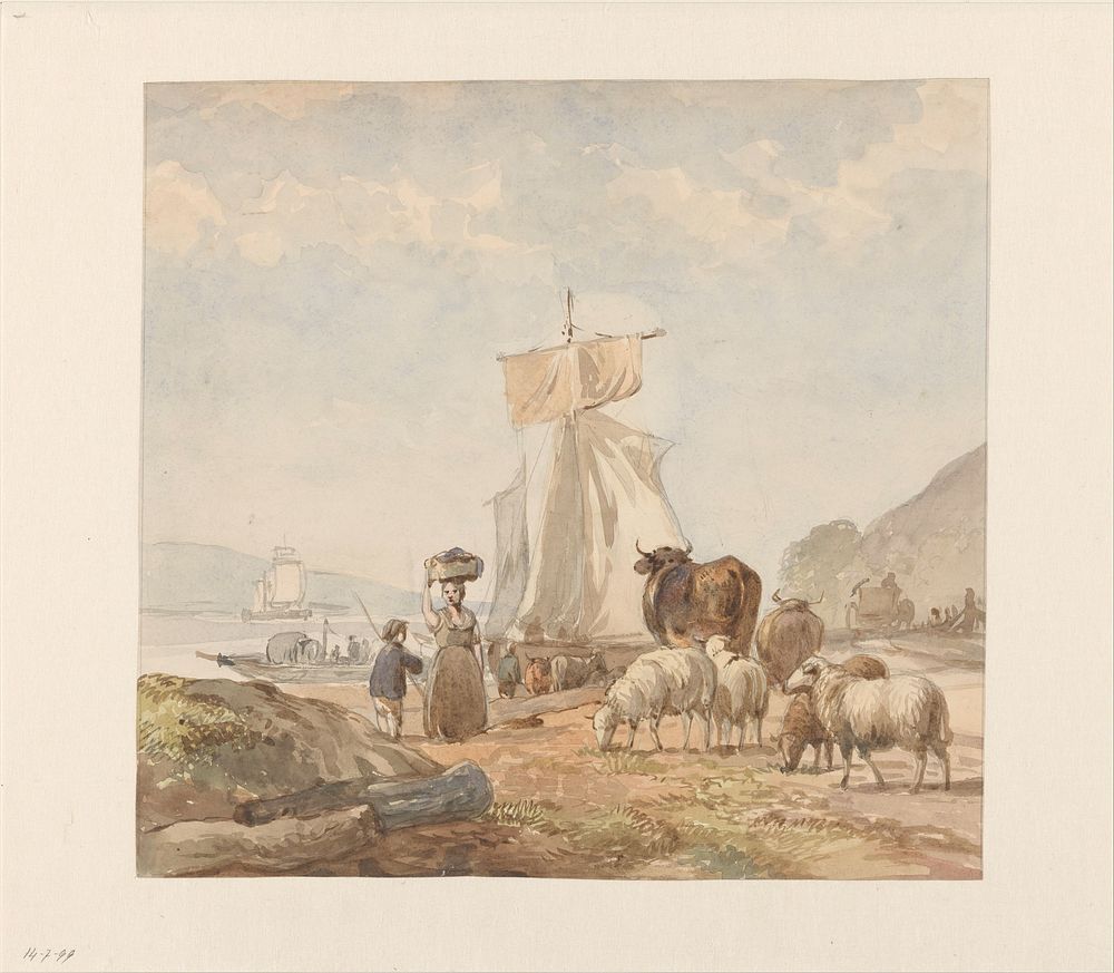 Figuren met vee bij rivieroever met veerboot (1845 - 1925) by Julius Jacobus van de Sande Bakhuyzen