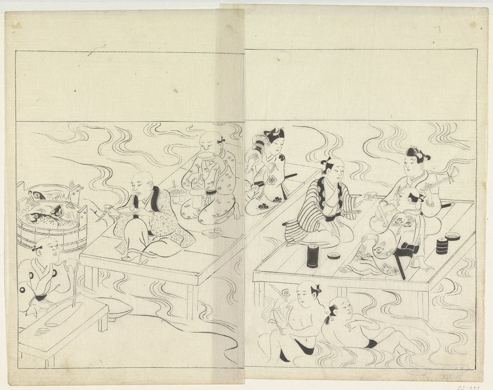 Musicerend en etend gezelschap (1628 - 1694) by Hishikawa Moronobu