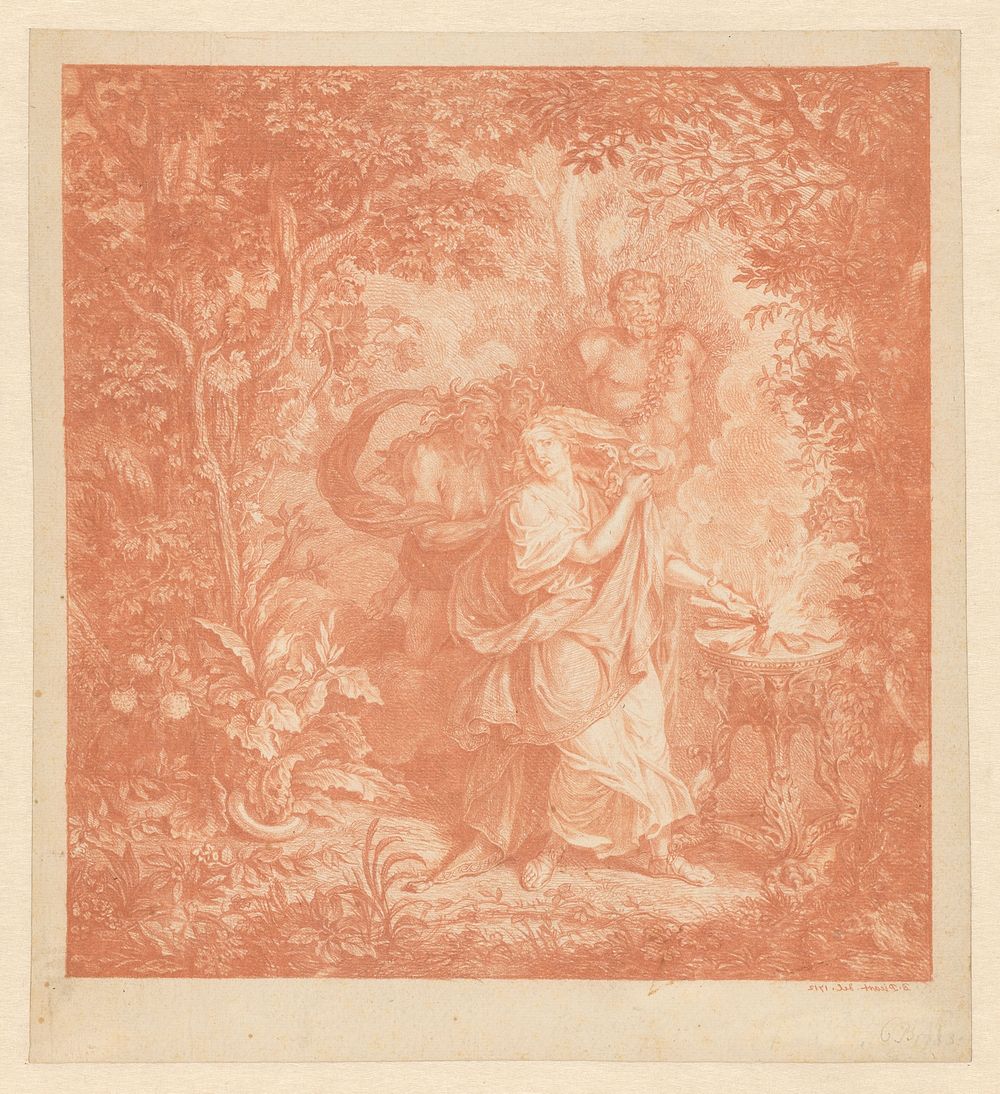 Vrouw offert een fataal houtblok onder druk van de Erinyen (1712) by Bernard Picart