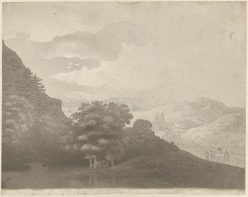 Landschap met begroeide heuvels en trekkende reizigers (1740 - 1771) by Franz Edmund Weirotter
