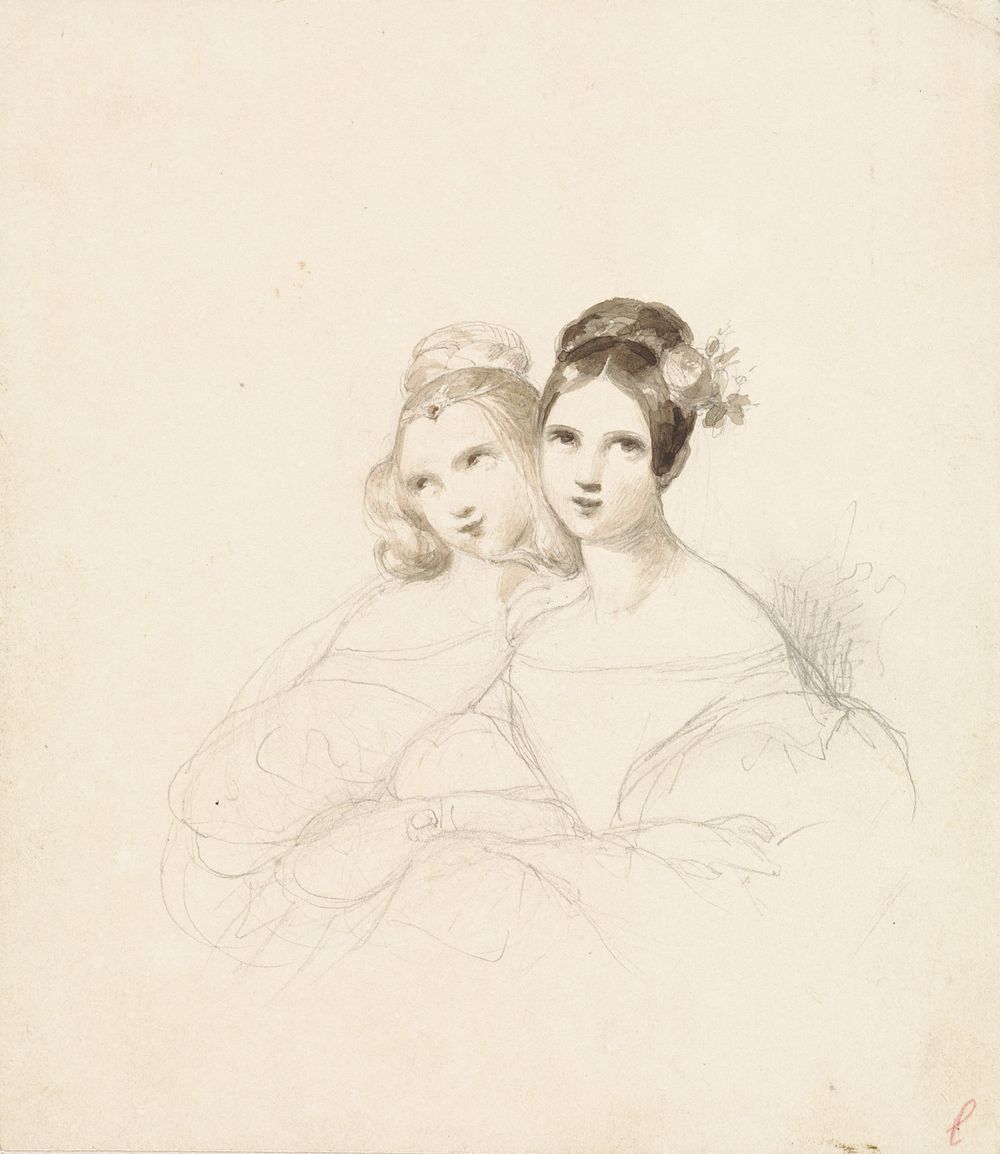Twee jonge meisjes tegen elkaar aangeleund (1830 - 1887) by Johan Hendrik Koelman