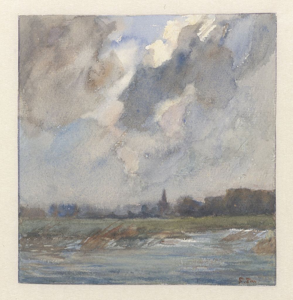 Rivierlandschap met kerktoren, bij storm (1872 - 1944) by Frans Smissaert