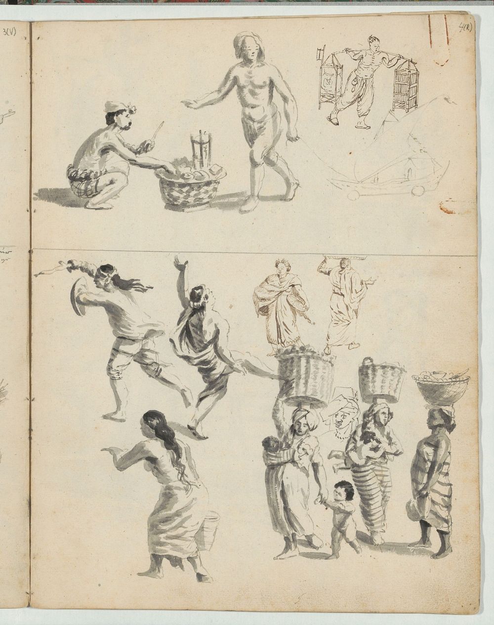 Studieblad met lastdragers, dansers en vrouwen met manden op het hoofd (c. 1660) by Wouter Schouten and Cornelis de Bruyn