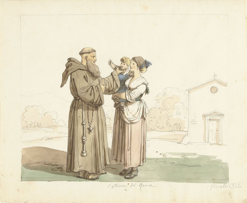 Jonge vrouw met kind staande voor een monnik (1816) by Bartolomeo Pinelli