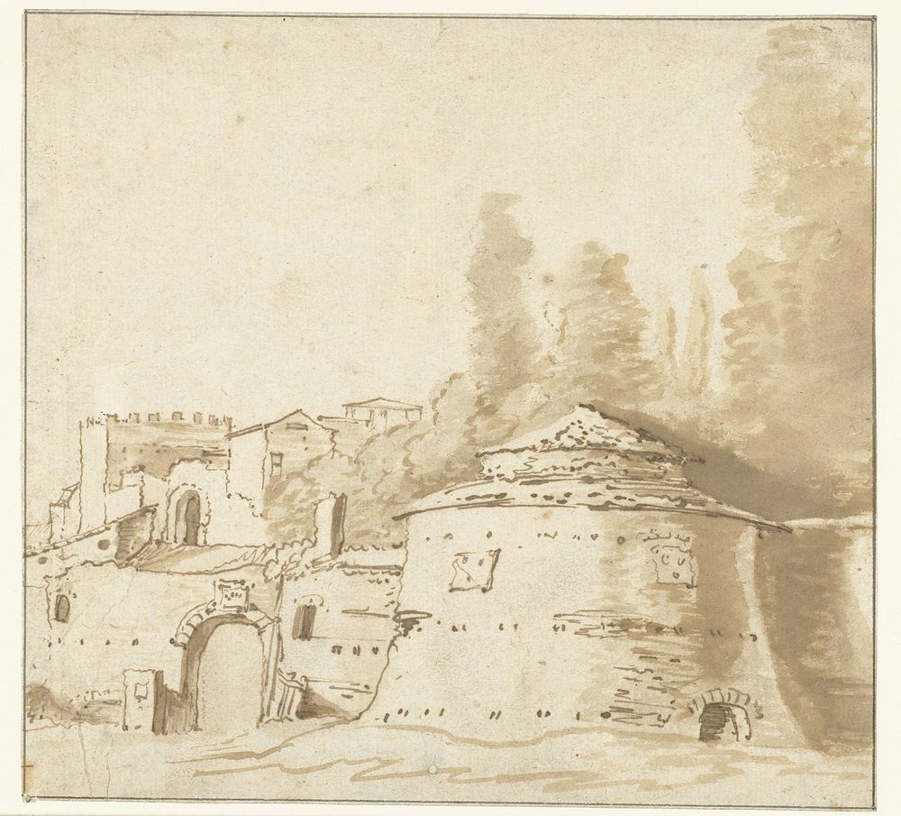 Italiaans gebouw met zware ronde toren (1628 - 1652) by Jan Both and Jacob van der Ulft