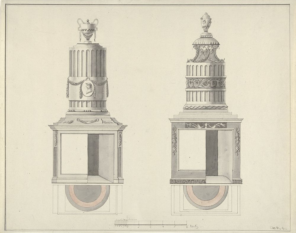 Twee ontwerpen van kachels, met een voetmaat (c. 1800 - c. 1900) by W van Uyen