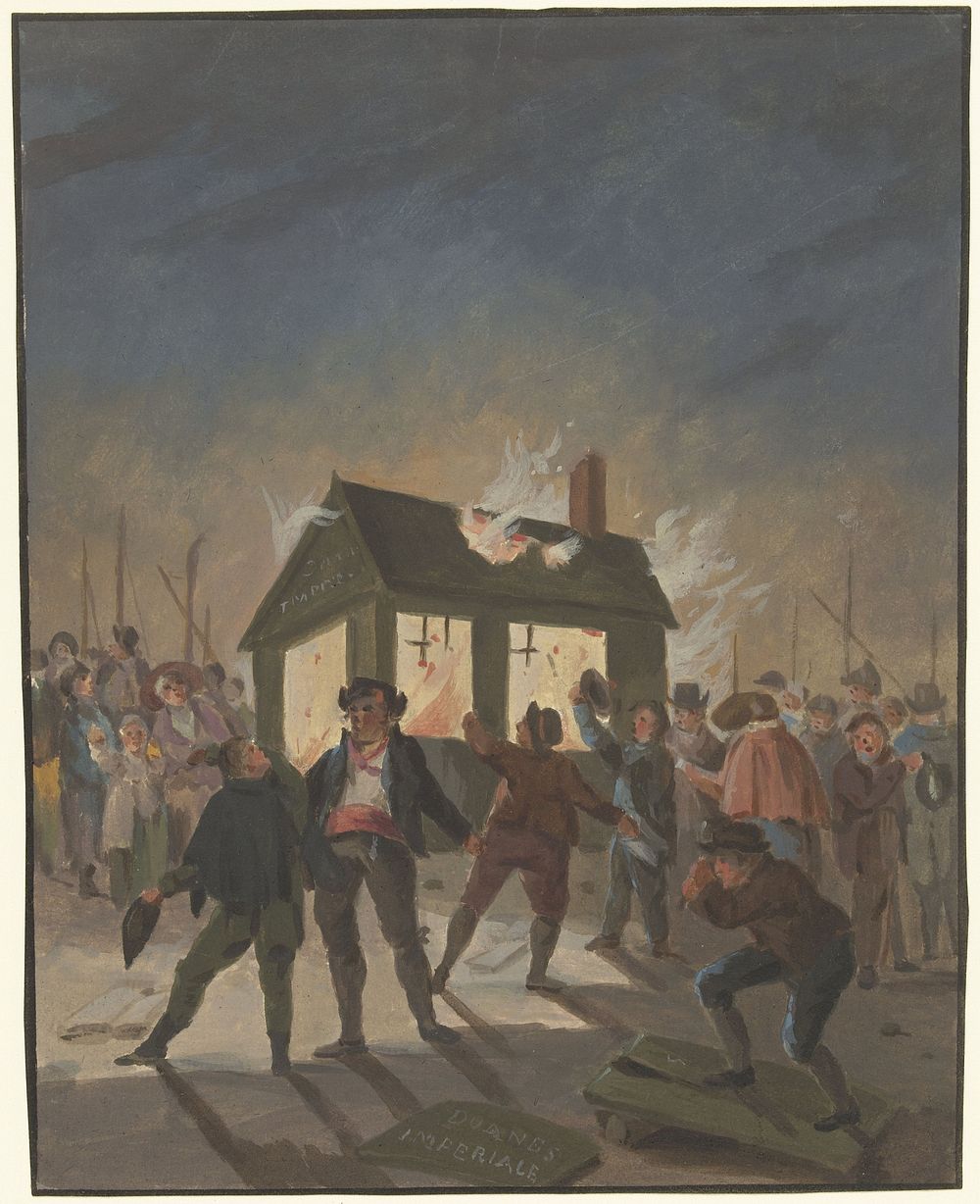 Het verbranden van de douanehuisjes in Amsterdam op 15 november 1813 (1813) by anonymous and Reinier Vinkeles I